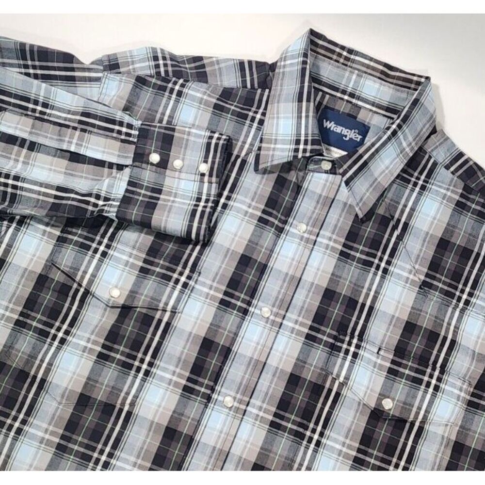 men's WRANGLER Western long sleeve White PEARL Snaps Black/Lt Blue Plaid size XL